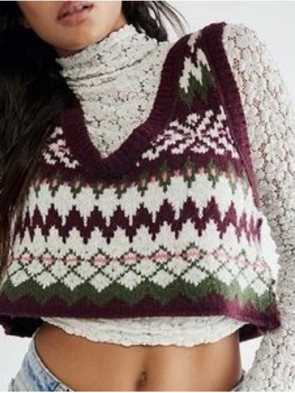 Free People Fair Isle V-Neck Cropped Sweater Vest